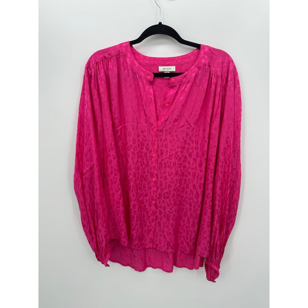 On 34th Women Button Front Blouse Size 3X Barbie Pink Printed Office Career NWT